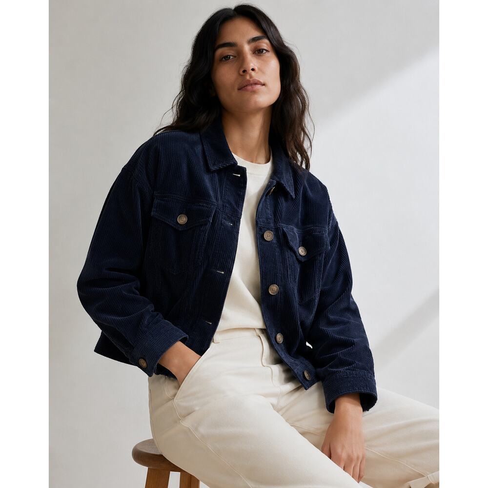 Anthropologie Sparkz Copenhagen Amanda Navy Blue Corduroy Cropped Jacket, size S